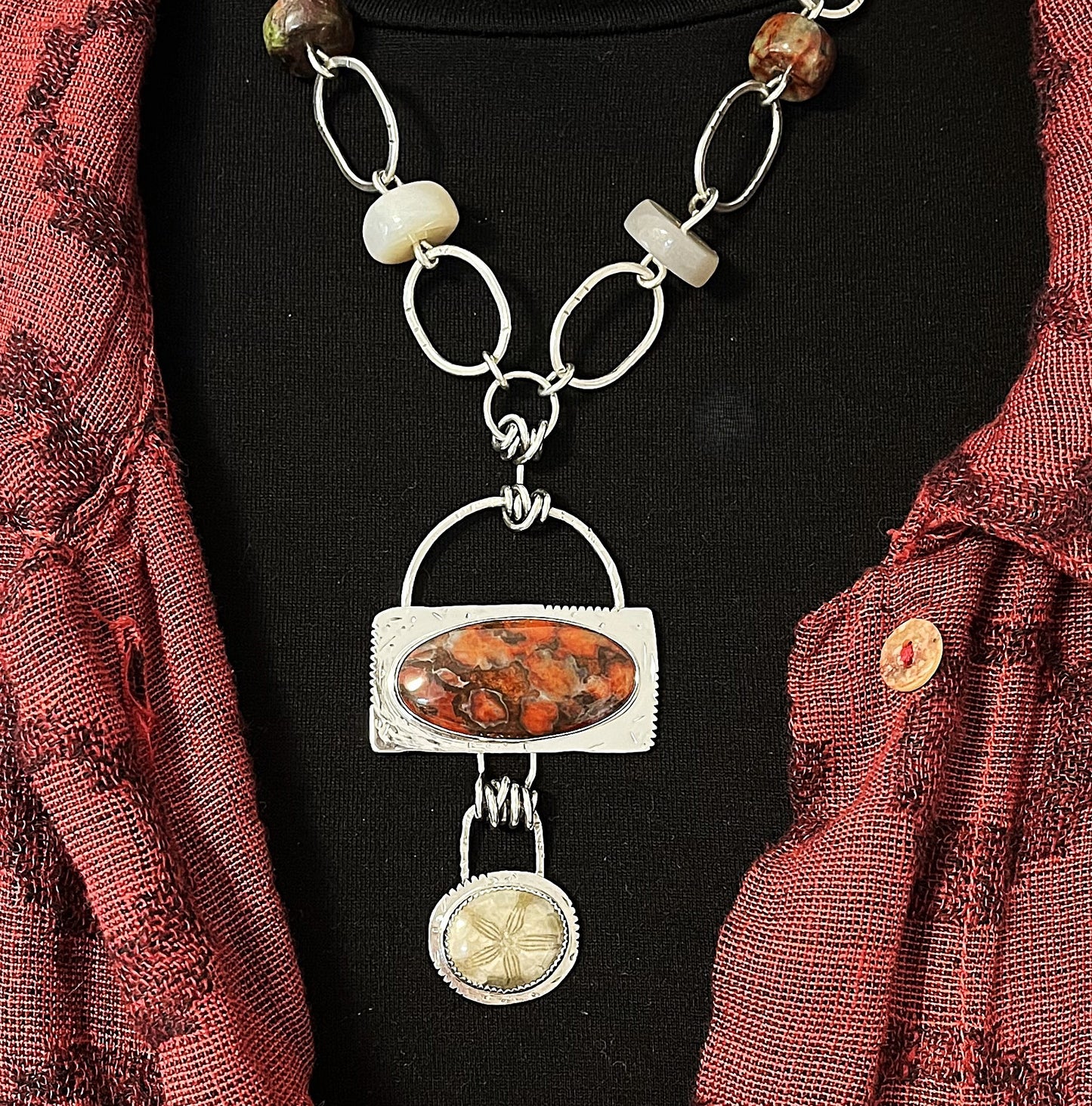 Necklace - Poppy Jasper, Sand Dollar Fossil