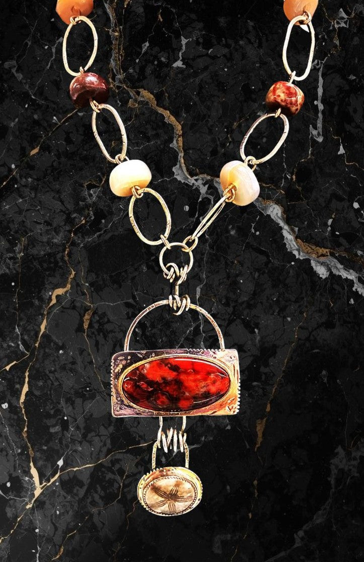 Necklace 46- Poppy Jasper, Sand Dollar Fossil