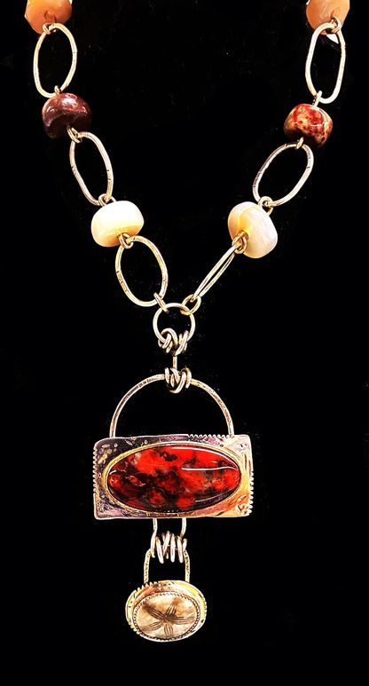 Necklace - Poppy Jasper, Sand Dollar Fossil