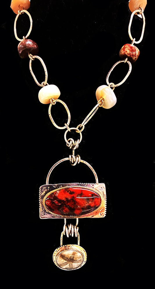 Necklace - Poppy Jasper, Sand Dollar Fossil