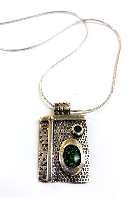 Pendant, Rectangle w Green Cultered Opals