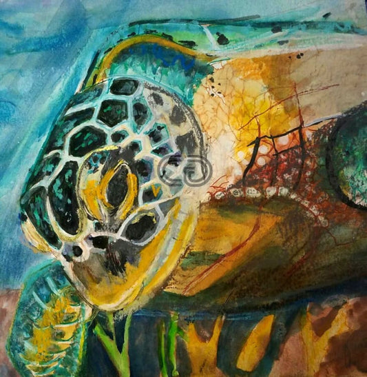 DM4 - The Turtle - 12x15x2 - Watercolor, Pastel, Gel Pen by Daria Martinez - currents-gallery